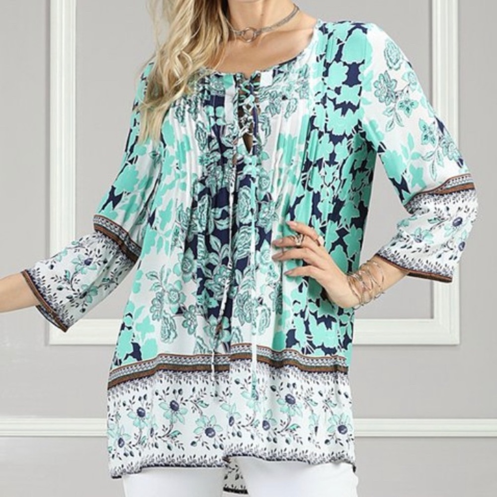 Suzanne Betro L paisley lace up scoop tunic